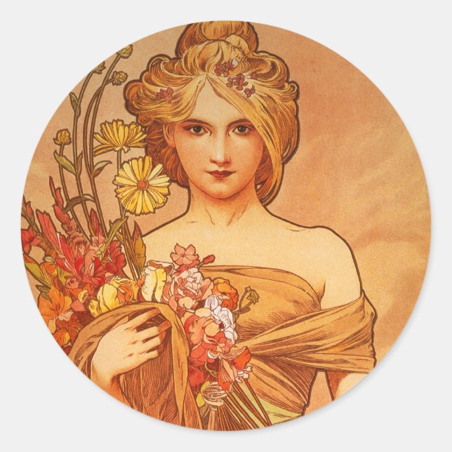 Alphonse (Alfons) Mucha  Bouquet Classic Round Sticker (Front)
