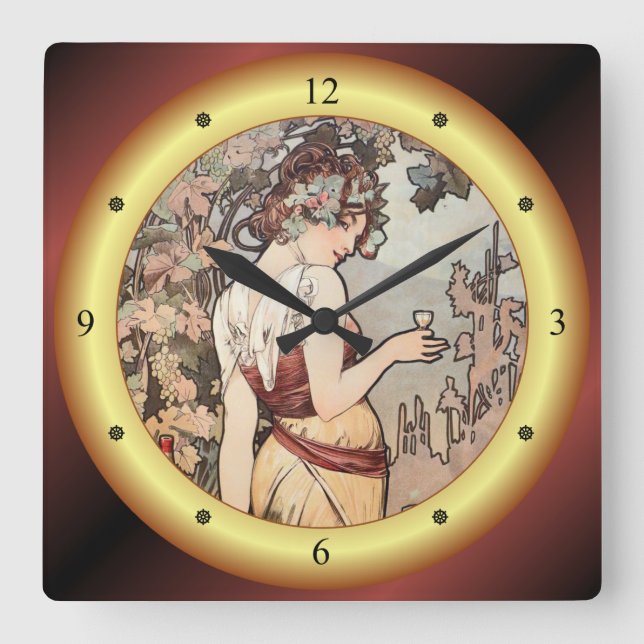 Alphonse Mucha ~ Affiche Cognac ~ Cognac Ad ~ 1899 Square Wall Clock (Front)