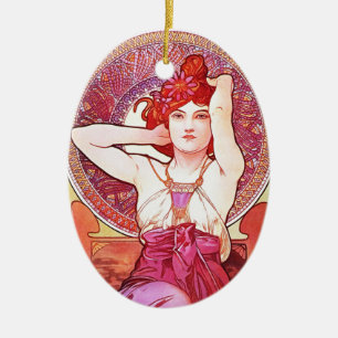 Alphonse Mucha Amethyst Floral Vintage Art Nouveau Ceramic Ornament