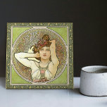 Alphonse Mucha Amethyst Green Art Nouveau Vintage Tile<br><div class="desc">This ceramic tile is part of a set of three (Ruby, Topaz and Amethyst) inspired by the iconic Art Nouveau era of the renowned Czech artist Alphonse Mucha. Mucha is widely recognized as one of the leading Art Nouveau designers and is known for his collaborations with the legendary actress Sarah...</div>