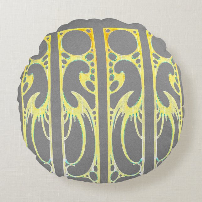 Alphonse Mucha art nouveau abstract art grey  Round Pillow (Front)