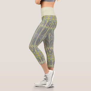 Alphonse Mucha art nouveau abstract art grey yello Capri Leggings