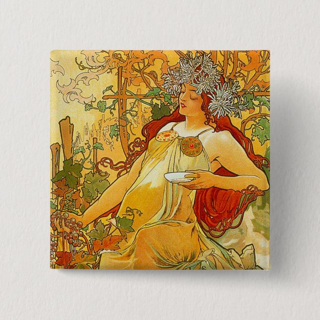 Alphonse Mucha Art Nouveau Autumn 2 Inch Square Button (Front)