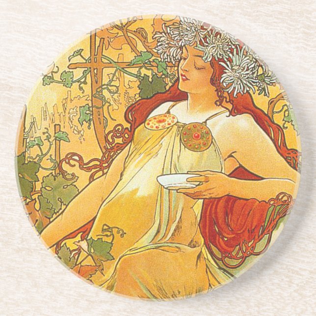 Alphonse Mucha Art Nouveau Autumn Coaster (Front)