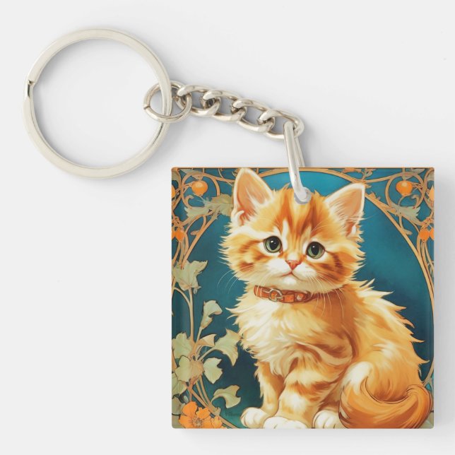 Alphonse Mucha Art Nouveau Cat Keychain (Front)