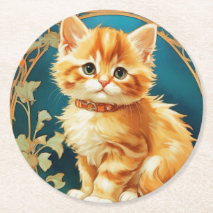 Alphonse Mucha Art Nouveau Cat Round Paper Coaster