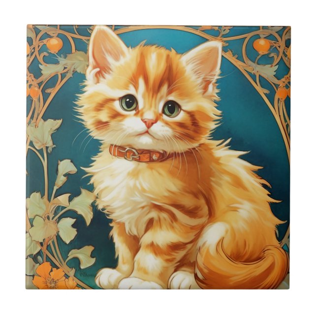 Alphonse Mucha Art Nouveau Cat Tile (Front)