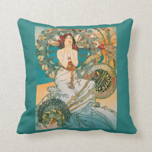 Alphonse Mucha Art Nouveau Dark Haired Lady Pillow