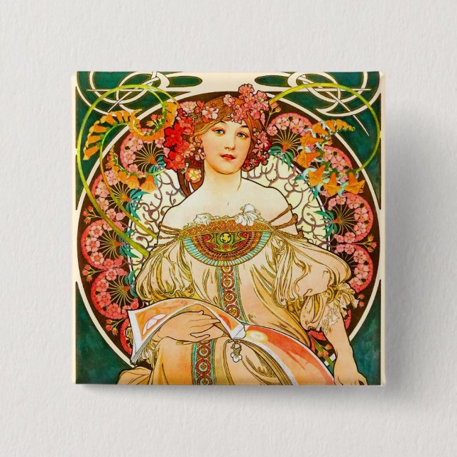 Alphonse Mucha Art Nouveau Daydream 2 Inch Square Button (Front)