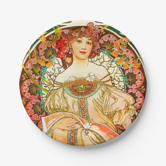Alphonse Mucha Art Nouveau Daydream Paper Plate (Front)