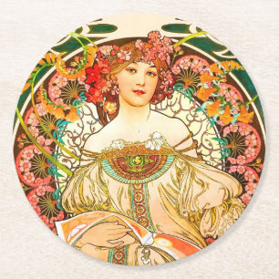 Alphonse Mucha Art Nouveau Daydream Round Paper Coaster