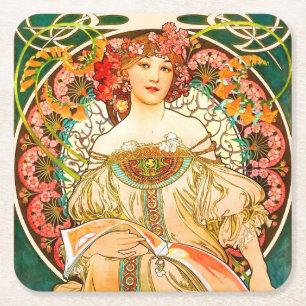 Alphonse Mucha Art Nouveau Daydream Square Paper Coaster