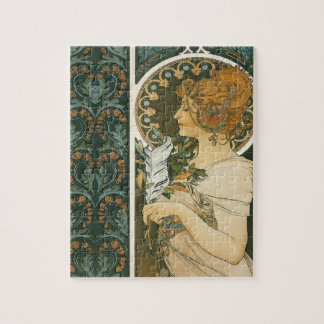 Alphonse Mucha Art Nouveau Feather Girl Jigsaw Puzzle