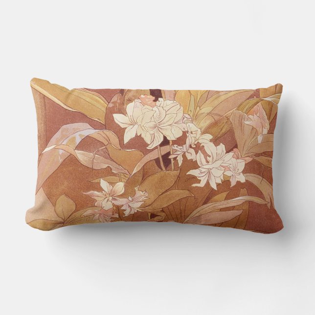 Alphonse Mucha Art Nouveau Floral Detail Lumbar Pillow (Front)