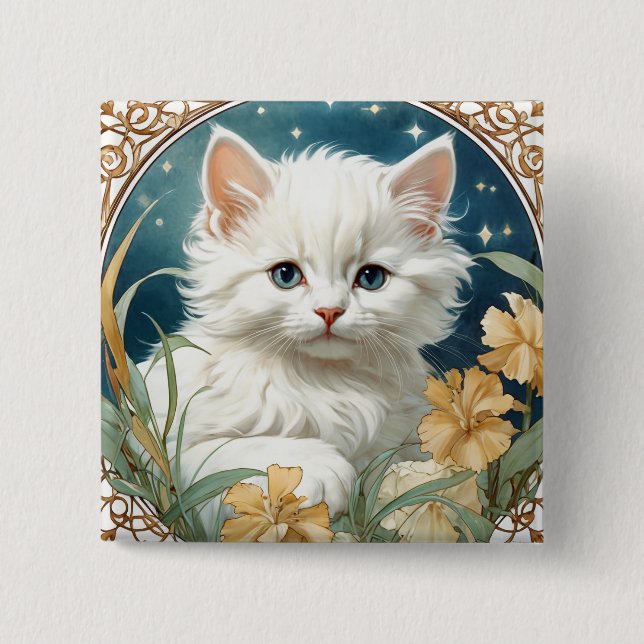Alphonse Mucha Art Nouveau Kitten 2 Inch Square Button (Front)