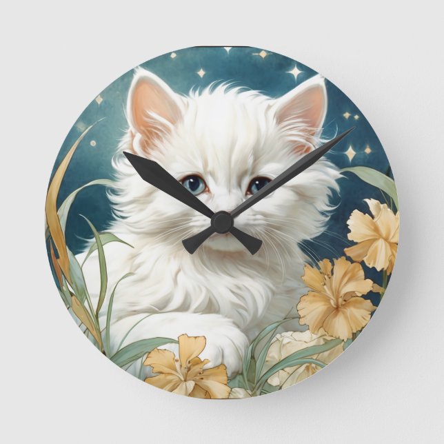 Alphonse Mucha Art Nouveau Kitten Round Clock (Front)