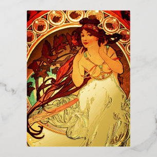 Alphonse mucha art nouveau music muse foil holiday postcard