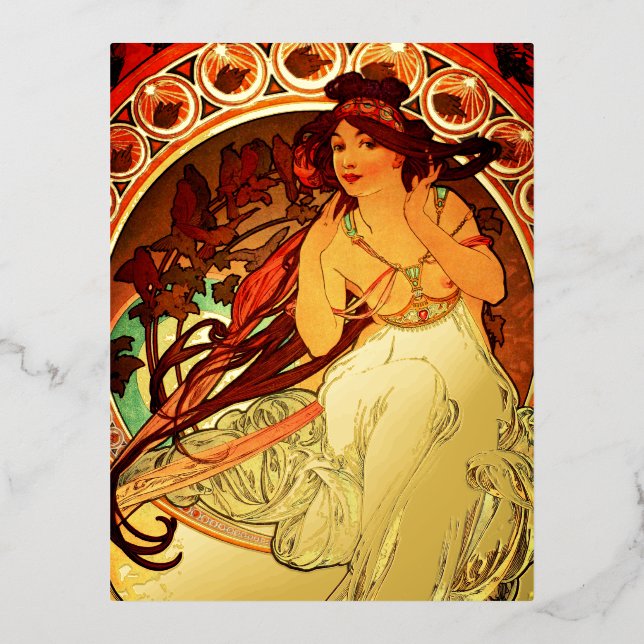Alphonse mucha art nouveau music muse foil holiday postcard (Front)