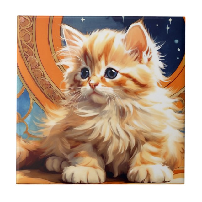 Alphonse Mucha Art Nouveau Orange Cat Tile (Front)