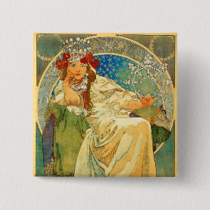 Alphonse Mucha Art Nouveau Princess Hyacinth 2 Inch Square Button