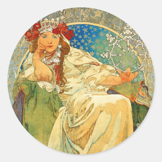 Alphonse Mucha Art Nouveau Princess Hyacinth Classic Round Sticker (Front)