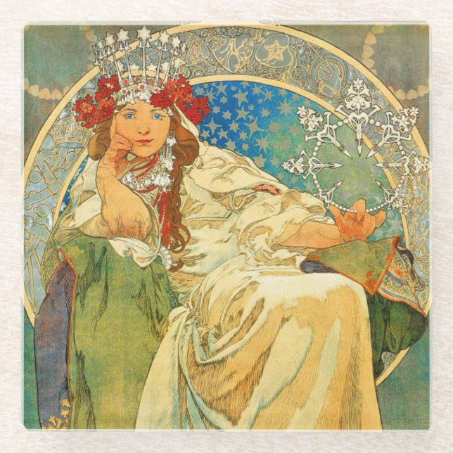 Alphonse Mucha Art Nouveau Princess Hyacinth Glass Coaster (Front)