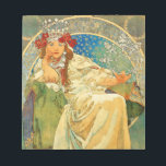 Alphonse Mucha Art Nouveau Princess Hyacinth Notepad<br><div class="desc">Notepad featuring Alphonse Mucha’s lithographic poster Princess Hyacinth (1911). Commissioned for the eponymous ballet, the art depicts a princess—who is actually the dream a blacksmith has of his daughter—sitting upon a green throne in a white dress and wearing a crystal crown. She wraps a finger around a snowflake. A great...</div>