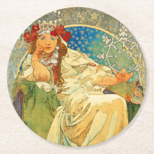 Alphonse Mucha Art Nouveau Princess Hyacinth Round Paper Coaster