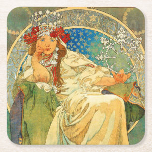 Alphonse Mucha Art Nouveau Princess Hyacinth Square Paper Coaster