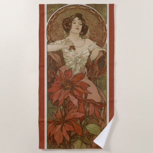 Alphonse Mucha Art Nouveau Ruby Vintage Floral Beach Towel