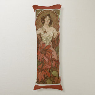 Alphonse Mucha Art Nouveau Ruby Vintage Floral Body Pillow