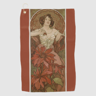 Alphonse Mucha Art Nouveau Ruby Vintage Floral Golf Towel