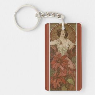 Alphonse Mucha Art Nouveau Ruby Vintage Floral Keychain