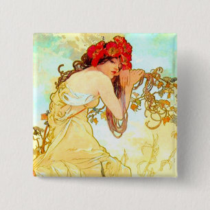 Alphonse Mucha Art Nouveau Summer 2 Inch Square Button