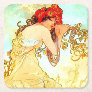 Alphonse Mucha Art Nouveau Summer Square Paper Coaster