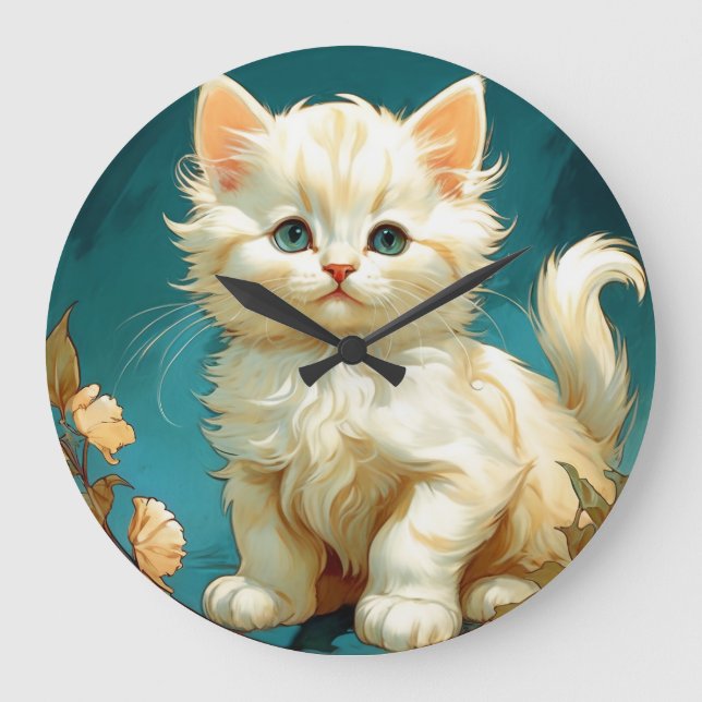 Alphonse Mucha Art Nouveau White Cat Large Clock (Front)