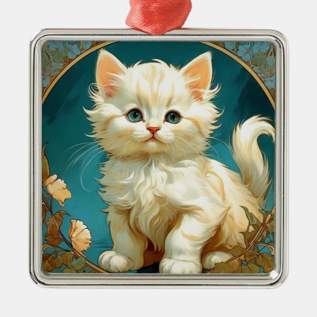 Alphonse Mucha Art Nouveau White Cat Metal Ornament (Front)
