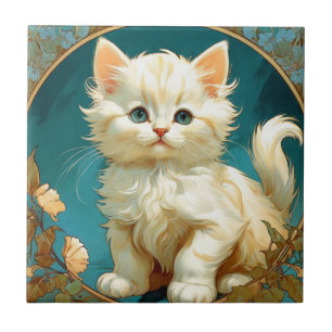 Alphonse Mucha Art Nouveau White Cat Tile
