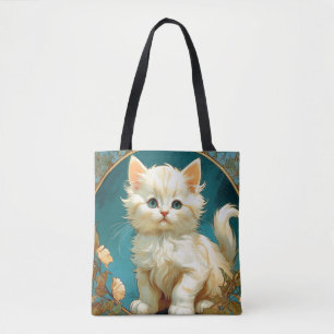 Alphonse Mucha Art Nouveau White Cat Tote Bag
