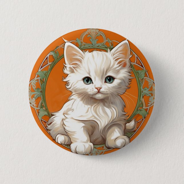 Alphonse Mucha Art Nouveau White Kitten 2 Inch Round Button (Front)