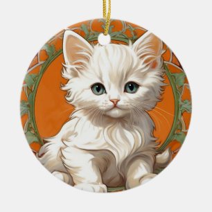 Alphonse Mucha Art Nouveau White Kitten Ceramic Ornament