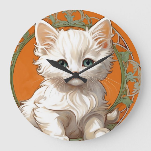 Alphonse Mucha Art Nouveau White Kitten Large Clock (Front)