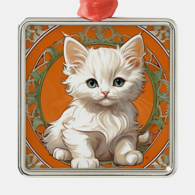 Alphonse Mucha Art Nouveau White Kitten Metal Ornament (Front)