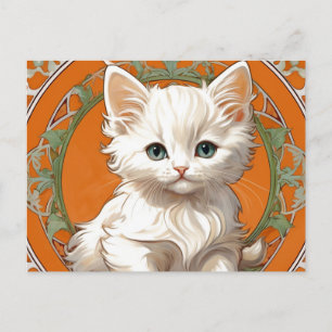 Alphonse Mucha Art Nouveau White Kitten Postcard
