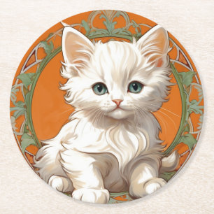 Alphonse Mucha Art Nouveau White Kitten Round Paper Coaster