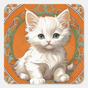 Alphonse Mucha Art Nouveau White Kitten Square Sticker