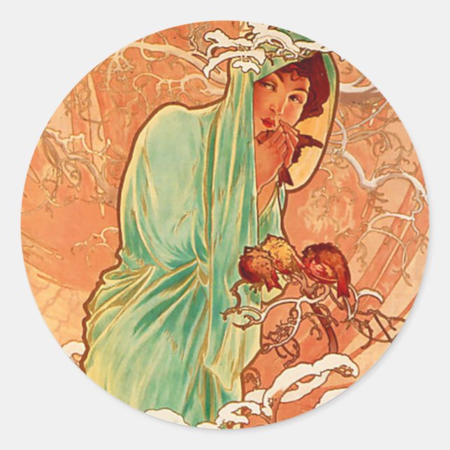 Alphonse Mucha Art Nouveau Winter Classic Round Sticker (Front)