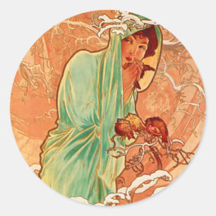 Alphonse Mucha Art Nouveau Winter Classic Round Sticker