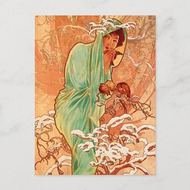 Alphonse Mucha Art Nouveau Winter Postcard (Front)