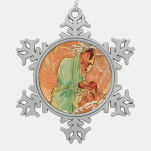 Alphonse Mucha Art Nouveau Winter Snowflake Pewter Christmas Ornament